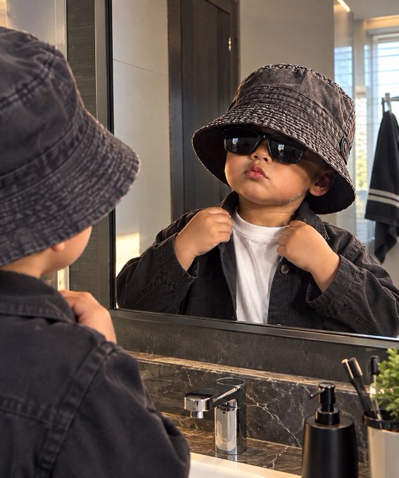 A young child wearing a black bucket hat, sunglasses, and a black jacket looks at themselves in a bathroom mirror, adjusting their collar with a confident pose.