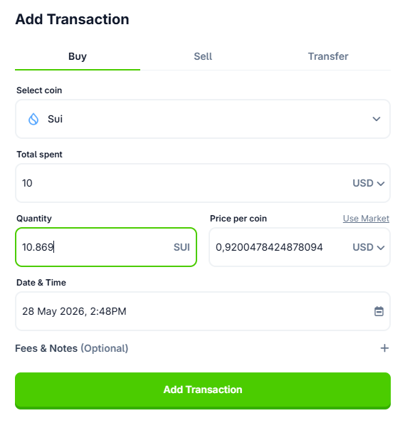 The image features a computer screen displaying a window that allows users to make transactions with Bitcoin. The window has an input box where you can enter the price of a coin, such as SUI (Shortseller UsDT), followed by the total amount being spent on the transaction. There are two options within the text field: select the coin or buy it. The screen also displays the date and time when the transaction was executed, and there is an option to add another transaction in the "Add Transaction" section of the window.