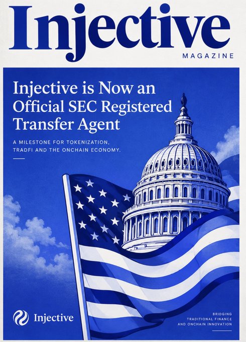 A magazine cover for "Injective Magazine" announcing "Injective is Now an Official SEC Registered Transfer Agent," featuring an illustration of the US Capitol and American flag.