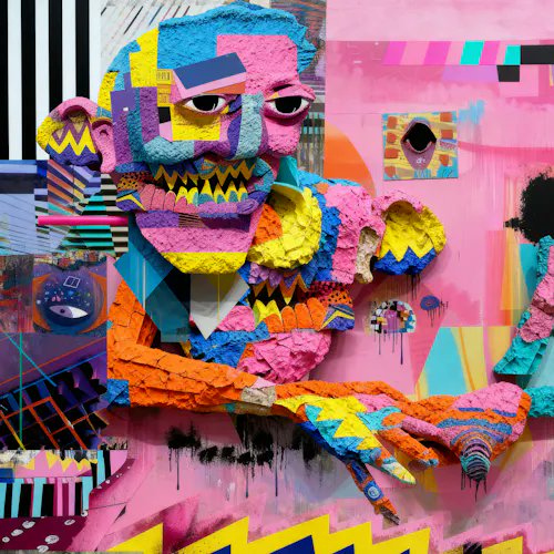 A vibrant, colorful mixed-media artwork features a textured sculptural figure with sharp teeth and geometric patterns emerging from a chaotic pink background filled with abstract shapes and graffiti-style elements. The accompanying post indicates this piece, titled "Man of Circumstance" by @maxosirisart, was sold to @sjf_keef for 0.53 ETH ($831.52) and is tagged as $RARE.