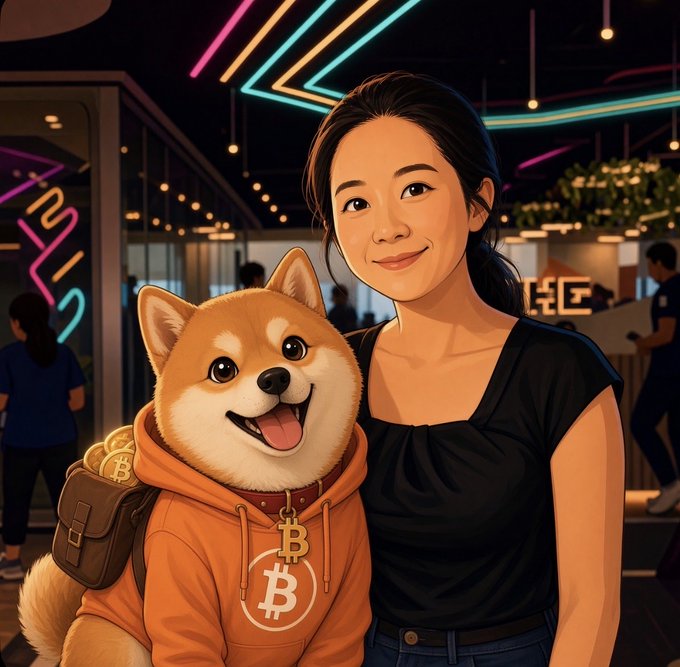 An illustrated image of a smiling woman next to a Shiba Inu dog wearing an orange hoodie with a Bitcoin logo and a backpack containing gold Bitcoin coins, set in a neon-lit venue.