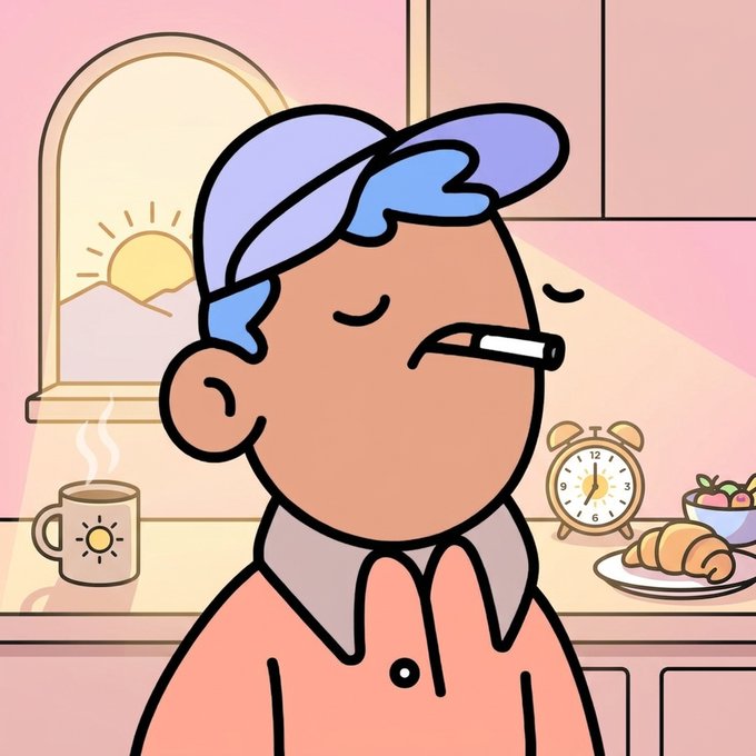 A cartoon illustration shows a bald man with a blue cap and bandage on his nose standing in a pink kitchen, with a steaming coffee mug, sunrise through a window, an alarm clock, and croissants in the background.