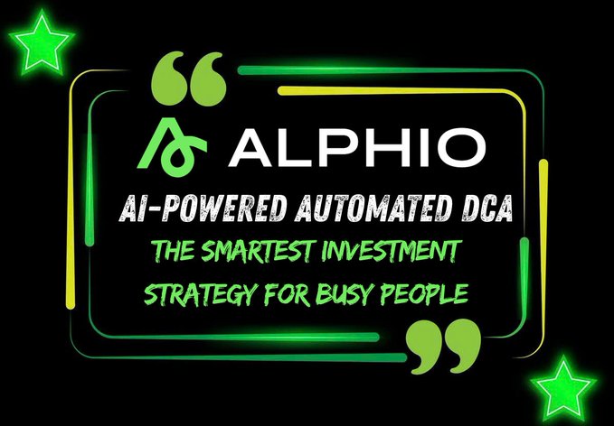 A promotional graphic with a black background and neon green and yellow accents advertising 'ALPHIO AI-POWERED AUTOMATED DCA - THE SMARTEST INVESTMENT STRATEGY FOR BUSY PEOPLE'.