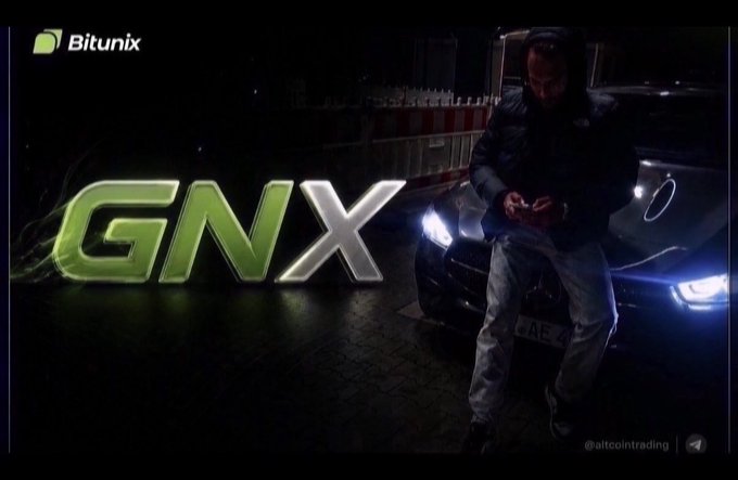 A man stands next to a black Mercedes at night with the green 'Bitunix' logo in the corner and large glowing green and silver text reading 'GNX' beside him.