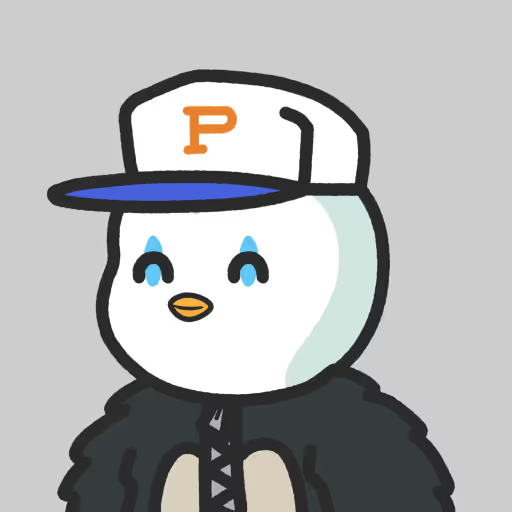 A cartoon penguin wearing a white cap with an orange "P" on it and a black jacket, matching the user's self-identification as an "@ETHPengs" member of the Penguin NFT community.