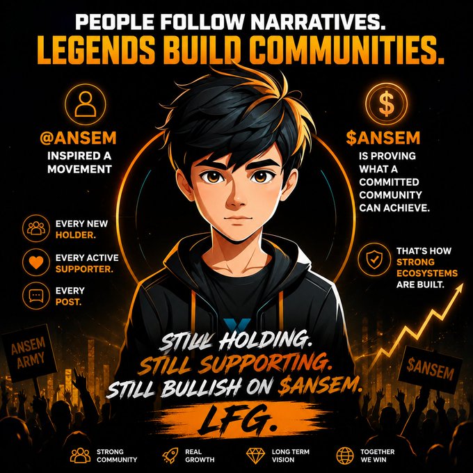 Promotional poster with an anime-style character reading 'PEOPLE FOLLOW NARRATIVES. LEGENDS BUILD COMMUNITIES.' promoting $ANSEM with messaging about community, growth, and the 'ANSEM ARMY'.