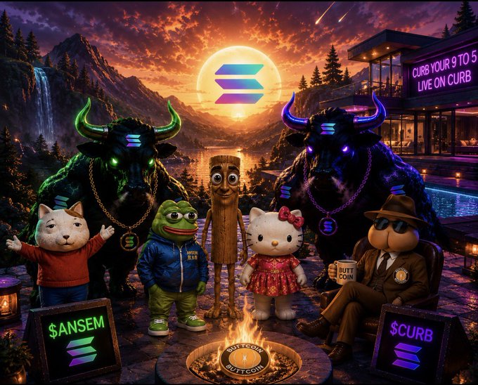 A vibrant crypto-themed illustration featuring Pepe, Hello Kitty, a Shiba Inu detective, and dark bulls with Solana logos, promoting BUTTCOIN, $ANSEM, and $CURB tokens.