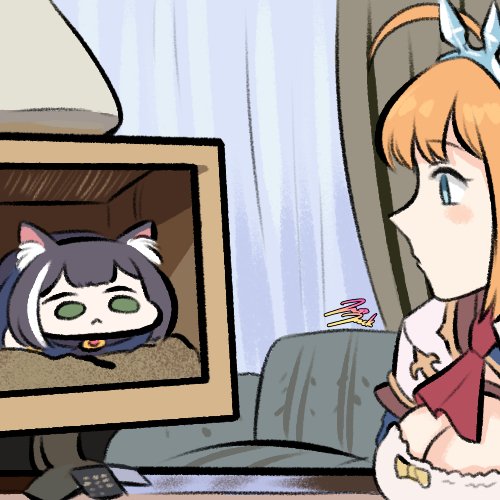A chibi-style cat-like character watches a girl with cat ears on a TV screen, while she reacts with surprise as indicated by the "?!?" symbol, relating to the post's reference to playful market manipulation and the "+3%" mention.