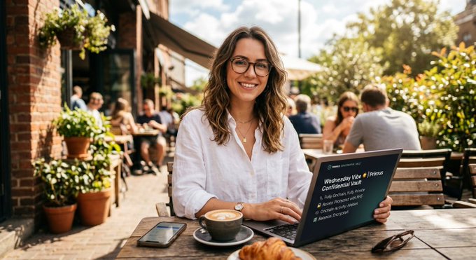 A smiling woman in a white shirt and glasses sits at an outdoor cafe table with a laptop displaying a 'Wednesday Villa Primos Confidential Vault' webpage, alongside a coffee and croissant.
