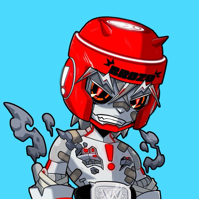 A chibi-style anime character wears a red helmet marked 'BROZO' with horns, has grey spiky hair, orange eyes, and a white outfit covered in tape and damage, smoking slightly.