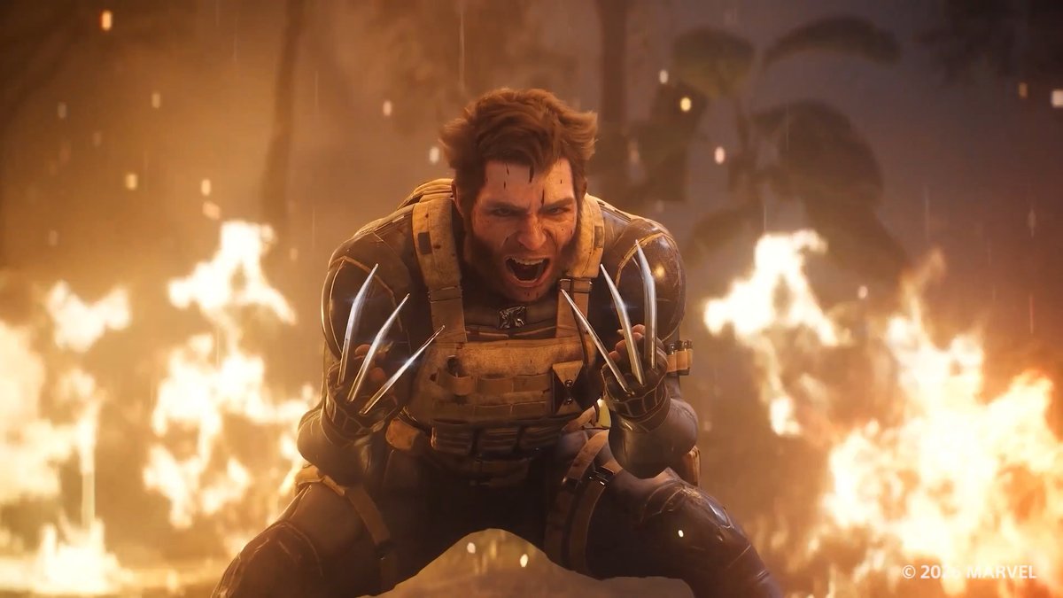 A dramatic shot of a character with metal claws extended from both hands, screaming in a fiery battle scene, with a Marvel copyright watermark visible.