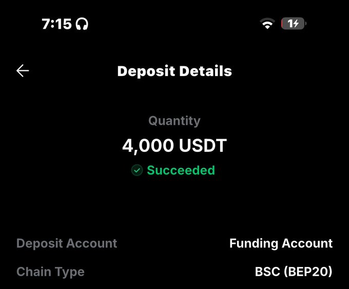 A mobile app screenshot showing a 'Deposit Details' screen for 4,000 USDT with a green 'Succeeded' status, indicating a BSC (BEP20) chain transaction.