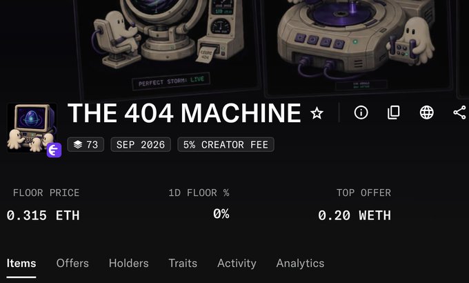 The image shows an OpenSea NFT collection page for "THE 404 MACHINE" displaying a floor price of 0.315 ETH, top offer of 0.20 WETH, and a 5% creator fee, featuring artwork of small ghost-like creatures operating machines labeled "PERFECT STORM LIVE," which relates to the post highlighting Otomate's successful early mint opportunity on the 404 Machine collection.