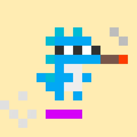 The image shows a small blue cartoon character with sunglasses and a cigarette. The character appears to be smoking, as indicated by its position near the bottom of the frame. The background color is yellow, which contrasts with the blue character and makes it stand out. There are no other objects or text in the image besides the character and the background.