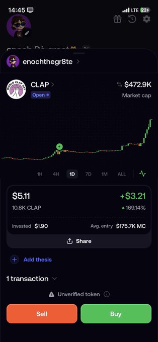 A mobile trading app screenshot shows the 'CLAP' token (memetic) with a market cap of $472.9K, trading at $5.11 for a 169.14% gain, displaying a green 'Buy' button and '1 transaction'.