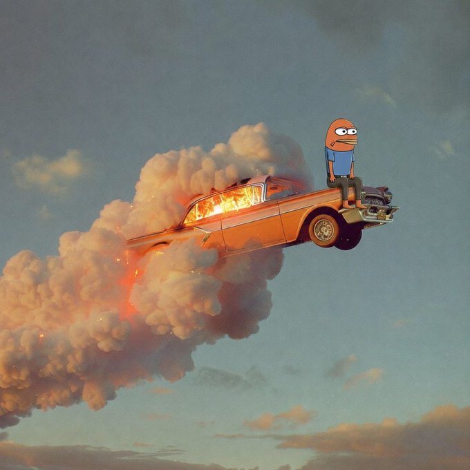 Surreal artwork of the 'Bort Simpson' meme — a lowbrow cartoon character sitting on the front of a vintage orange car engulfed in flames flying through a cloudy sky.