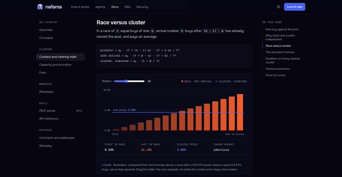 A screenshot of the Noma Protocol documentation page titled 'Race versus cluster', displaying a bar chart and betting simulation parameters.