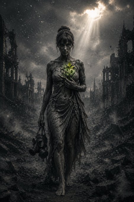 A dark, atmospheric digital artwork depicts a statue-like woman standing in a ruined landscape, holding a small green plant to her chest and a gas mask in her other hand, with sunbeams breaking through stormy clouds.