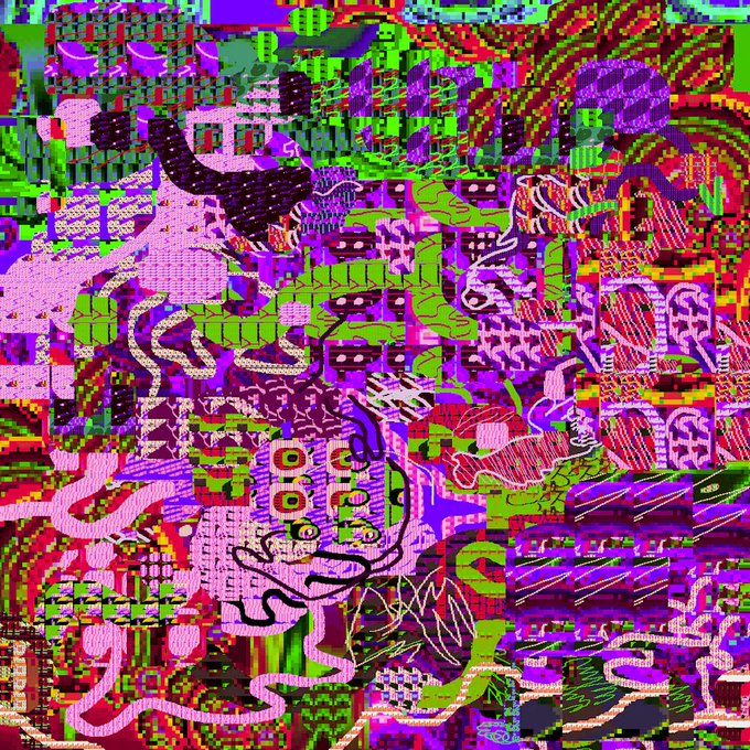 A chaotic, colorful digital glitch art image featuring distorted patterns and a faintly visible cartoon face in green, purple, and pink hues.
