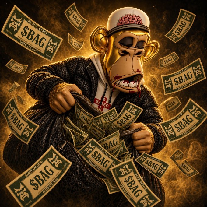 A digital illustration of a golden Bored Ape-style character wearing a backwards cap and a hoodie, surrounded by falling 'BAG' (Based Ape Gang) dollar bills.