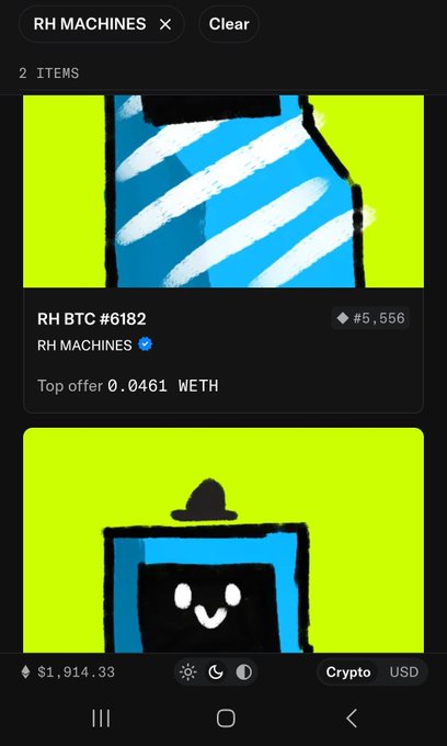 A screenshot of a digital marketplace showing two "RH MACHINES" collectibles, with the top offer for RH BTC #6182 listed at 0.0461 WETH. The image appears to showcase an NFT collection, likely related to a giveaway mentioned in the accompanying post.