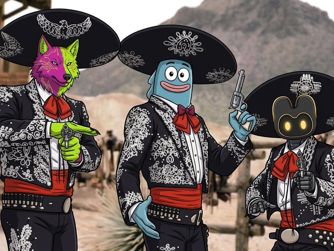 Three stylized characters—a colorful wolf, a blue creature, and a robot—wearing traditional Mexican charro suits and sombreros while holding revolvers.
