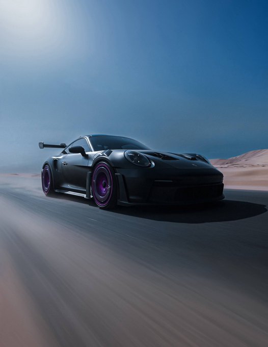 A sleek black Porsche sports car with purple-accented wheels speeds across a desert landscape, evoking a sense of high-performance momentum and exclusivity. The image mirrors the post's theme of speed and ambition as the speaker "locks in" podcasts with top figures in the crypto space ahead of the Token2049 conference.