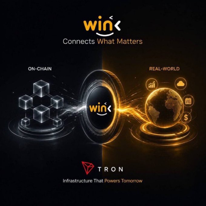 A promotional graphic for WinK on the Tron blockchain, with the tagline 'Connects What Matters' and 'Infrastructure That Powers Tomorrow,' showing on-chain blocks on the left and real-world icons on the right.