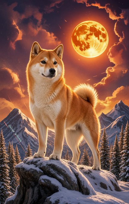 A digital artwork of a Shiba Inu dog standing on a snowy rocky peak, with a large glowing full moon and dramatic orange clouds in the background.