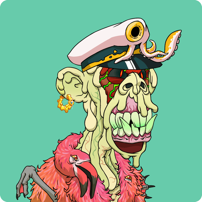 A surreal illustration combining a flamingo body with a decaying zombie skull head wearing a captain's hat with a squid/octopus emerging from it, against a teal background.