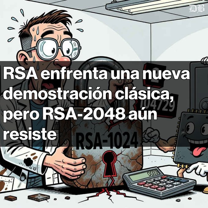 A cartoon illustration of a stressed scientist with a padlock labeled RSA-1024 being broken, with Spanish text reading 'RSA enfrenta una nueva demostración clásica, pero RSA-2048 aún resiste'.
