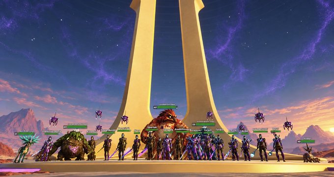A group of video game characters posed together in front of a large archway monument under a purple sky, with player names visible above each character.