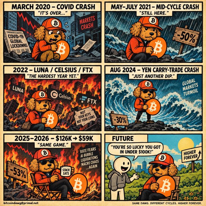 A comic-style infographic depicts a dog in a Bitcoin hoodie enduring various crypto market crashes from March 2020 to a projected 2025-2026 dip, captioned 'SAME DAWG. DIFFERENT CYCLES. HIGHER FOREVER.'