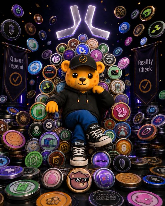 The image features a cartoon bear sitting on a chair surrounded by various coins, with a banner above him that reads "QUANTITY Legend" and another one below him that says "RHYTHM CHECK". The bear appears to be wearing a black jacket and blue jeans while holding a bunch of coins in his paws.