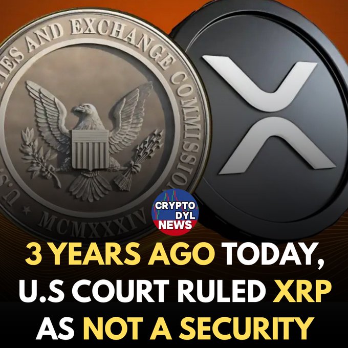 The image features the official seal of the U.S. Securities and Exchange Commission (SEC) alongside the XRP cryptocurrency logo, with a "Crypto DYL News" badge overlay. Bold text at the bottom reads "3 YEARS AGO TODAY, U.S COURT RULED XRP AS NOT A SECURITY," commemorating the landmark 2023 court decision that XRP retail sales did not constitute securities offerings.