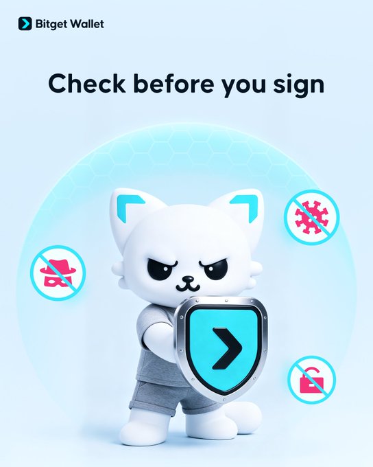 A Bitget Wallet mascot, an anthropomorphic white cat holding a shield, stands beneath the text "Check before you sign," surrounded by icons of scams like viruses, malware, and hacking—visually reinforcing the post's warning against common crypto traps like permit or approval phishing and unlimited allowances.