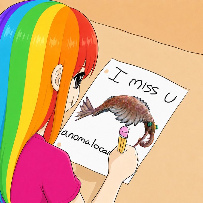 urn of a pink shirt, drawing of a fish on paper, and rainbow-colored hair.