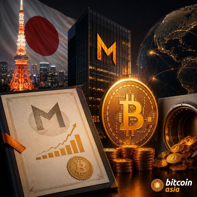 A Bitcoin Asia promotional graphic featuring a Japanese flag and Tokyo Tower, a Monero logo on a document with a growth chart, a large Bitcoin coin, and a safe filled with Bitcoin coins, branded with 'bitcoin asia' logo.