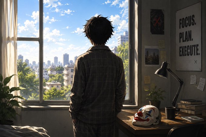 An anime-style illustration depicts a person in a plaid shirt looking out a window at a city, with a "FOCUS. PLAN. EXECUTE." poster on the wall.