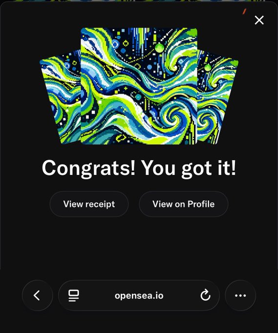 A mobile screenshot of OpenSea showing a "Congrats! You got it!" success message after minting a free NFT, featuring three cards displaying a Van Gogh-inspired blue and green swirling "Starry Night" pattern, with the URL "opensea.io" visible at the bottom.