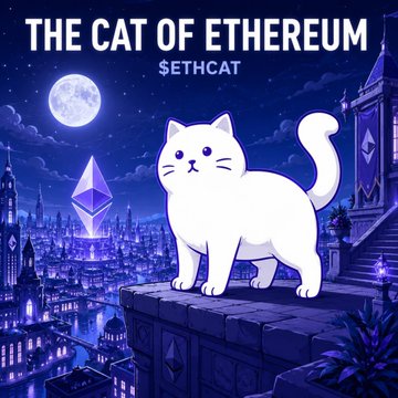 A glowing white cat perches above a moonlit purple cityscape with the Ethereum logo in the background, featuring the text "THE CAT OF ETHEREUM" and "$ETHCAT"—matching the post's anticipation of the $EthCat token launch.