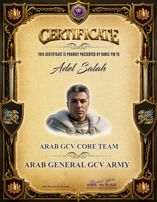 An ornate certificate presented by Doris Yin to 'Adel Salah' as part of the 'ARAB GCV CORE TEAM' and 'ARAB GENERAL GCV ARMY', featuring a portrait of a man in medieval armor.