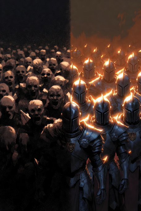 Dark fantasy artwork showing a split scene with a horde of zombie-like creatures on the left and an army of armored knights with glowing helmets on the right.