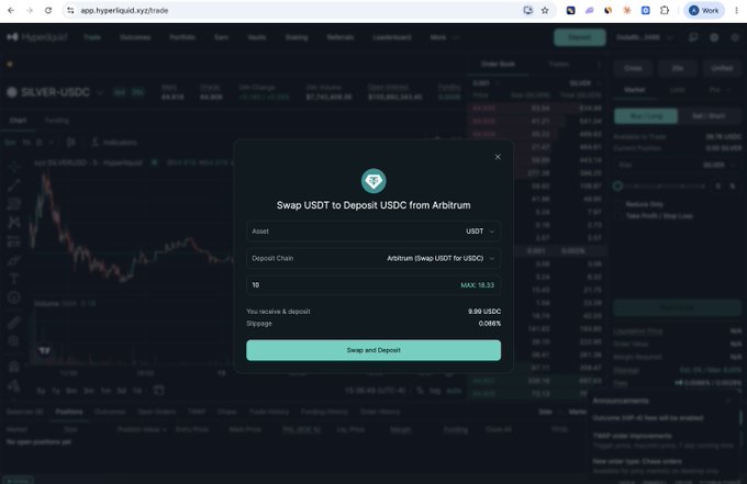 A pop-up on Hyperliquid's trading interface shows a Swap USDT to USDC from Arbitrum option, with the user receiving 9.99 USDC plus 0.08% slippage for a 10 USDT swap. The image reinforces the post's claim about superior crypto routing by visually demonstrating Hyperliquid's seamless cross-chain swap functionality, highlighting minimal slippage (0.08%) as evidence of efficient routing.