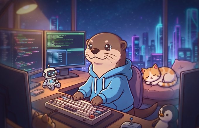 An illustration of an anthropomorphic otter in a blue hoodie coding on a mechanical keyboard at a multi-monitor setup, accompanied by a small robot, a sleeping cat on a couch, and a penguin against a futuristic neon city skyline at night.