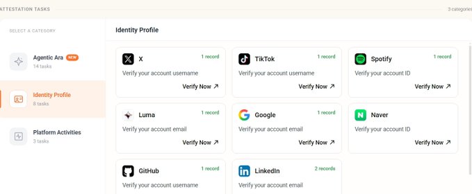 A tasks dashboard with “Identity Profile” selected, listing X, TikTok, Spotify, Luma, Google, Naver, GitHub, and LinkedIn verification cards with “Verify Now” links.