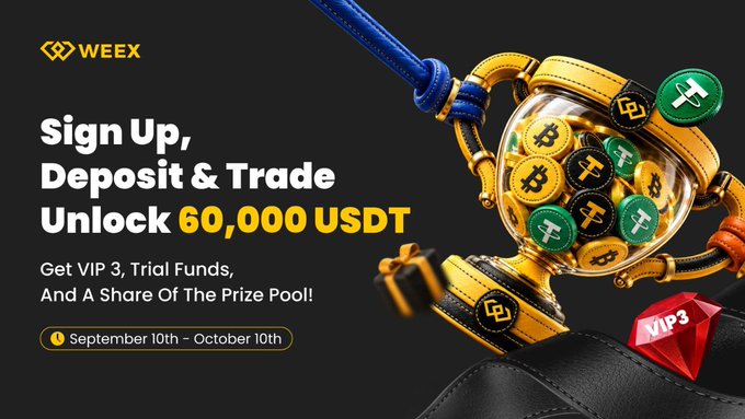 A WEEX promotional banner featuring a golden astronaut helmet filled with Bitcoin and cryptocurrency coins, advertising their "Sign Up, Deposit & Trade" campaign to unlock 60,000 USDT plus VIP 3 trial funds from September 10th to October 10th. The space-themed imagery, complete with a red "VIP 3" gem badge, visually reinforces the "VIP" tier rewards mentioned in the campaign details.