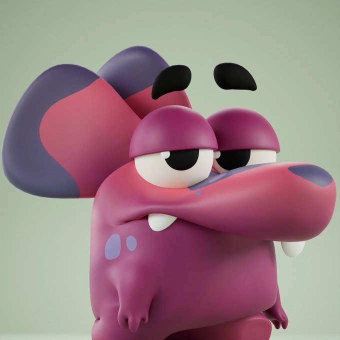 A glossy 3D cartoon render of a pink-purple alligator-like character with droopy eyes, white tusks, dark eyebrows, and large rounded ears against a muted green background.