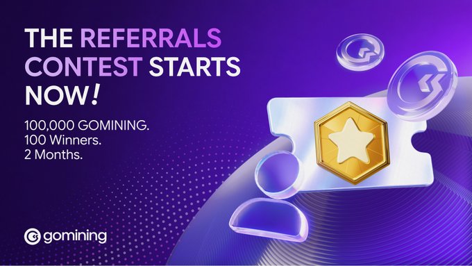 A promotional graphic for gomining announcing a referrals contest with 100,000 GOMINING prize pool, 100 winners, over 2 months.