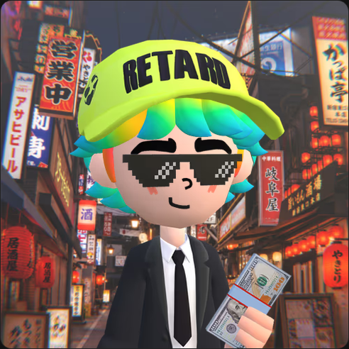 A stylized cartoon avatar features a character wearing a neon yellow "RETARD" cap, pixelated "deal with it" sunglasses, and rainbow-colored hair, dressed in a black suit and tie while holding a stack of cash in a vibrant Japanese street scene with neon signs and lanterns. The image aligns with the post about customizing an NFT profile picture through Candylabs, showcasing the personalized, meme-inspired art style.